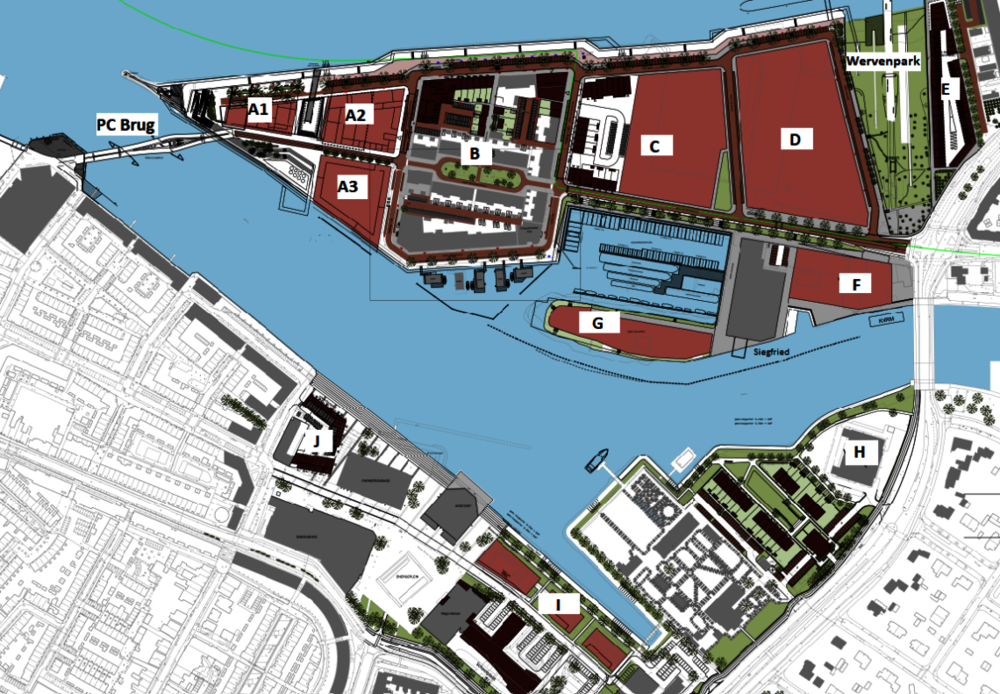 Kaart met deelgebieden van de stadsontwikkeling Stadswerven in Dordrecht